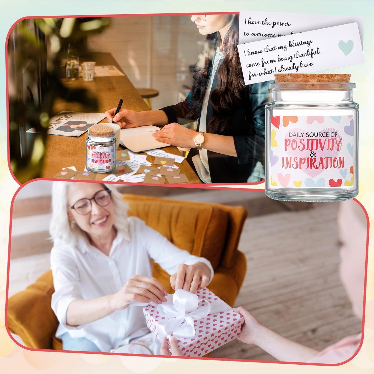 Maitys Positive Affirmation Gifts Include Positive Glass Jar with 60 Inspirational Quotes Cards 60 Mini Envelopes and 64 Heart Stickers Encouragement Appreciation Cards Gratitude Gifts for Women Men