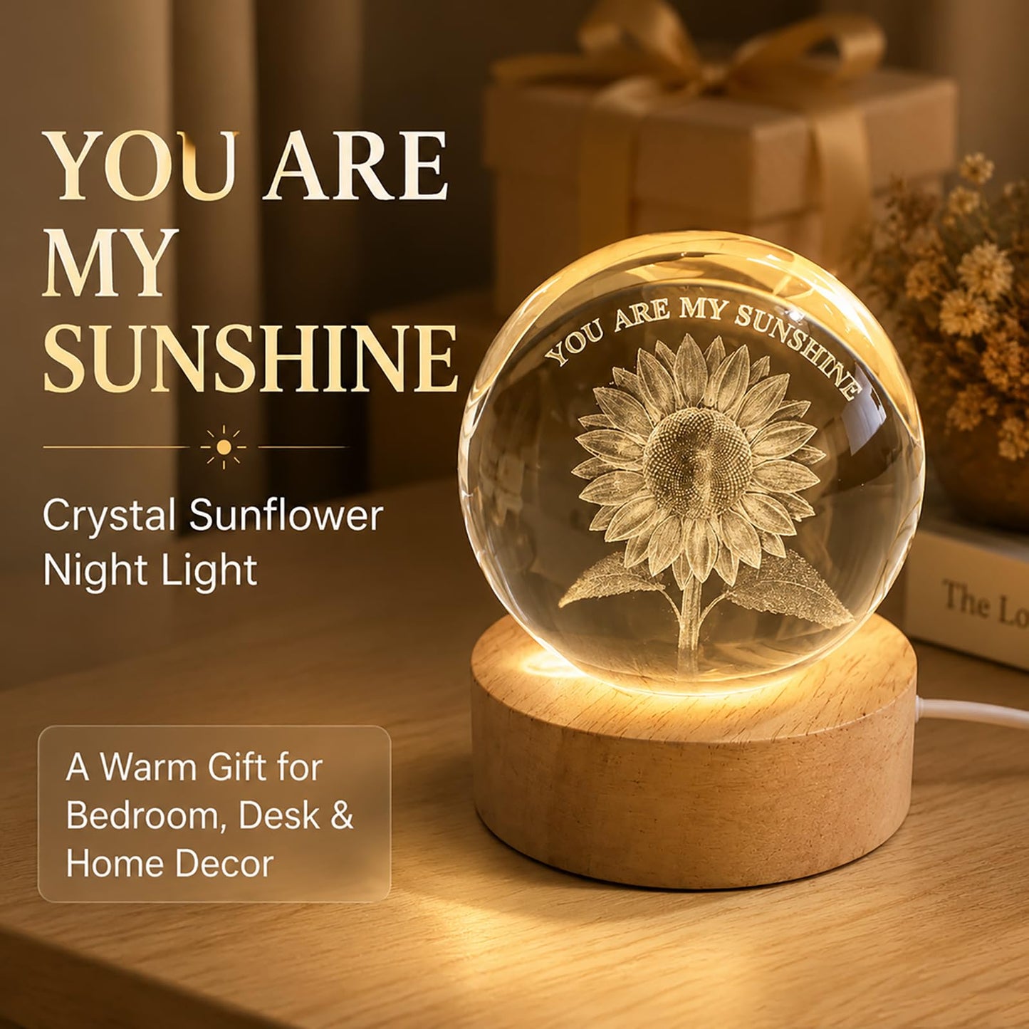 Sunflower Lamp Gifts, 60mm Crystal Ball with Wooden Base, Decorative Paperweight 3D Laser Engrave Home Decor, for Him Her Friendship Coworker Mom Girlfriend Sister Grandma Wife Her Birthday Gift