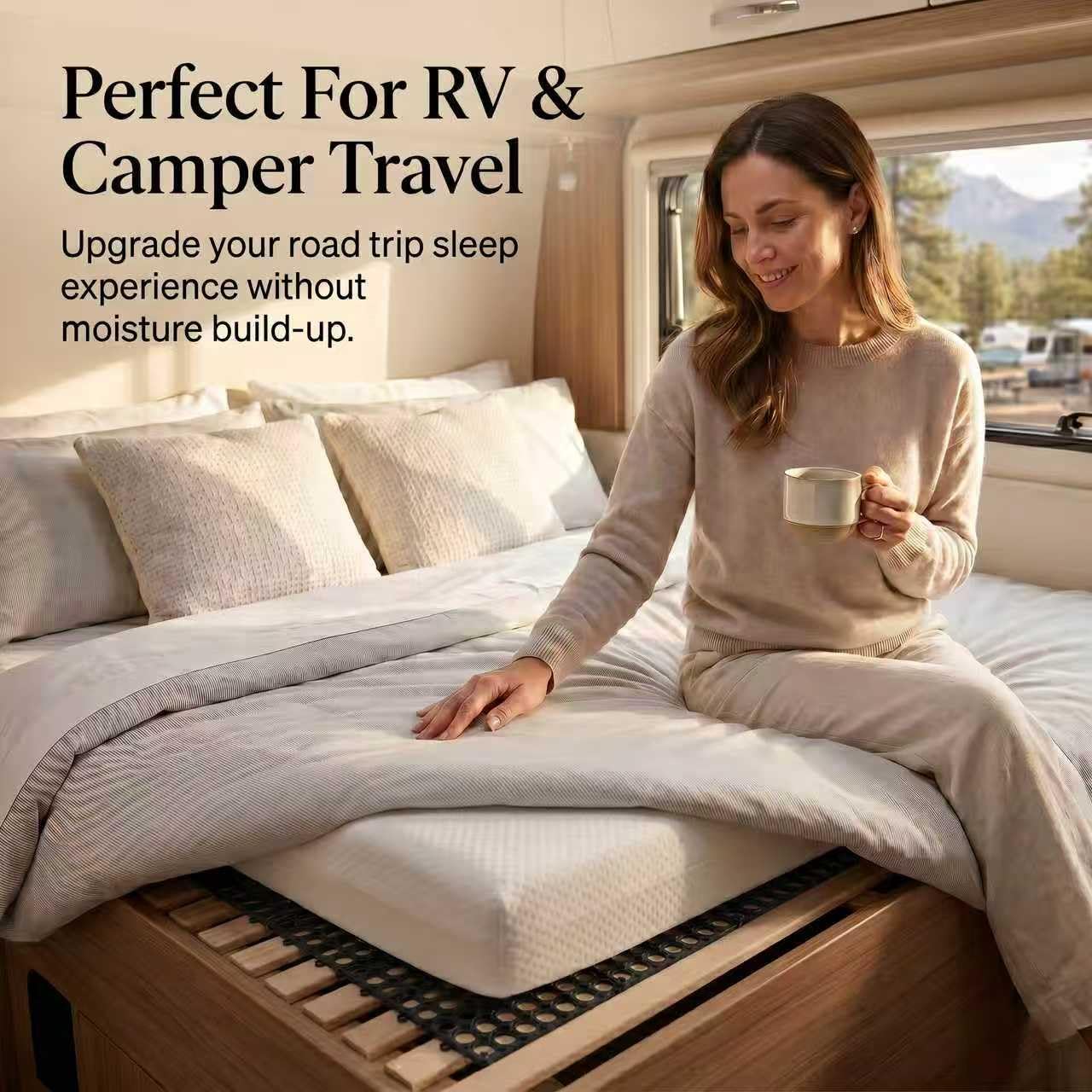 83" L x 59" Inch Plastic Ventilated Mattress Underlay Pad for RV Boat Camper Interlocking Modular Design, Breathable Mesh RV Under Mattress Ventilation Air-Flow (Black)