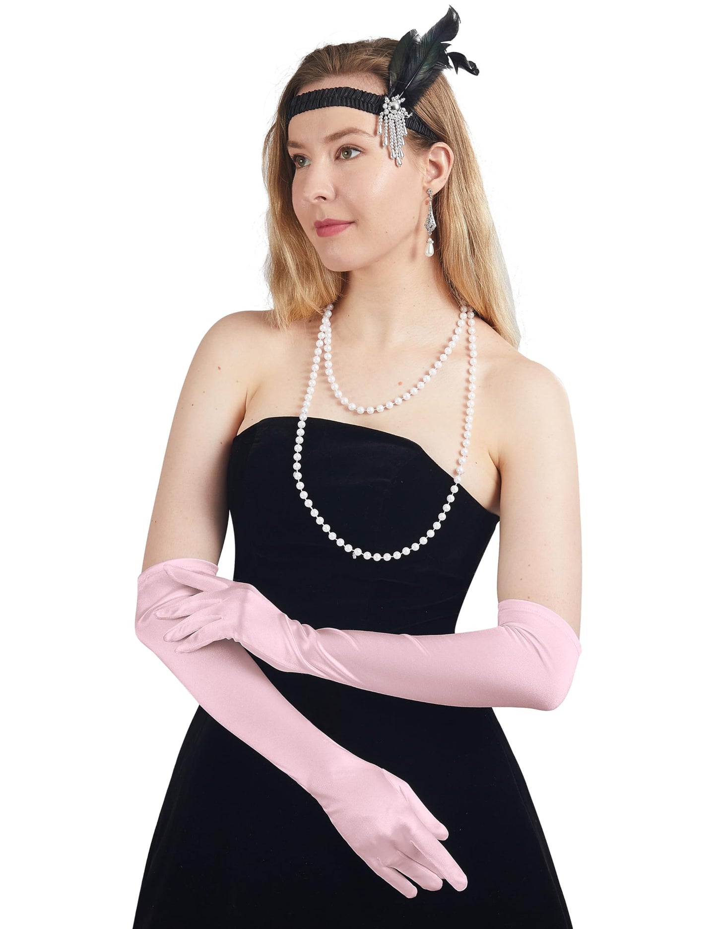 Spooktacular Creations Long Opera Party Gloves, 20s Satin Dress Pink Gloves for Women, Silk Stretchy Elbow Length Bridal Dress, 21 inches