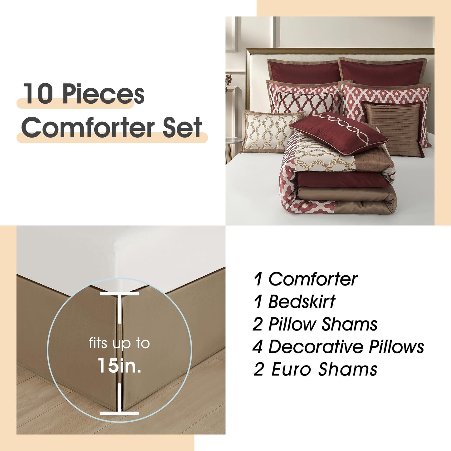 LANCO MODERN LIFESTYLE Queen Comforter Set, Burgundy, 10 Piece Bed in a Bag for All Seasons, Luxury Extreme Comfort Bedding Sets with Bedskirt, Pillow Shams, Euro Shams and Decor Pillows