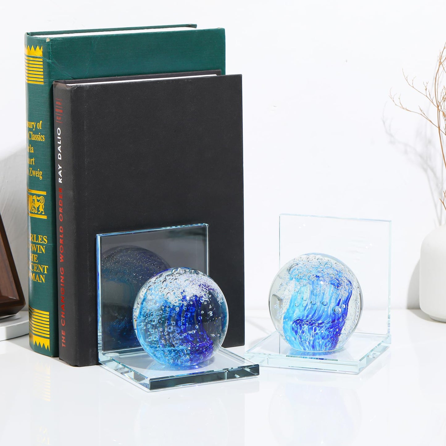 Arikyrist 1 Pair Crystal Bookends for Heavy Books with Hand Blown Ocean Waves Ball Glass Decorative Non Skid Bookends for Bookshelf Office Home (Blue)