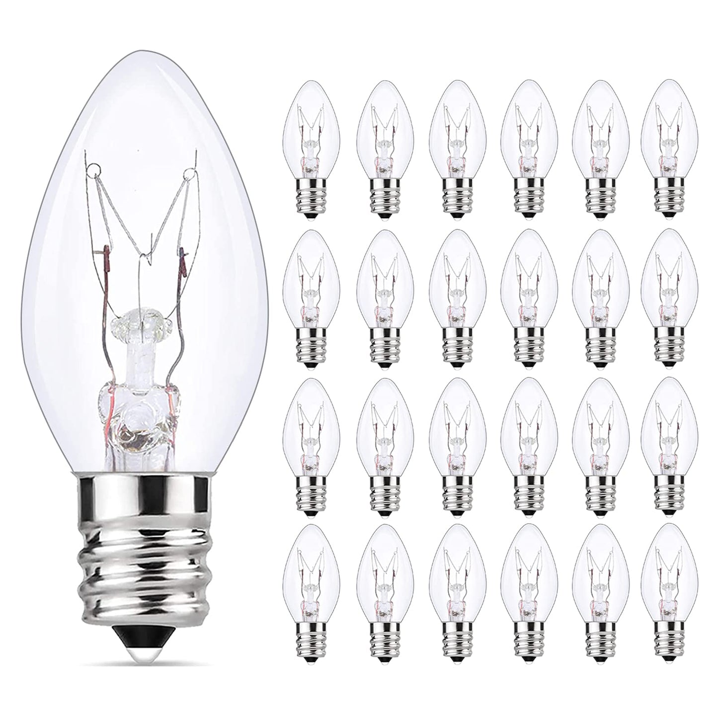 SUNSGNE 25 Pack Clear Replacement Bulbs Night Light Bulbs, C7 Clear Christmas Incandescent Light Bulbs for Night Light Salt Lamp Outdoor Patio String Light, E12/C7 Candelabra Base, 120 Volt, 5 Watt