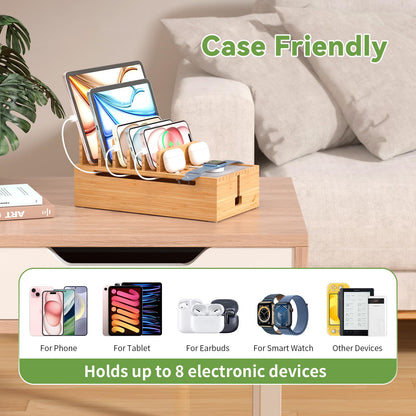 Pezin & Hulin Cell Phone Charging Station for Multi Devices, All in One Desktop Charger Organizer, with Power USB Charge Adapter and 6 Cables, Use As Power Strip Hidden Box -Natural Bamboo Color