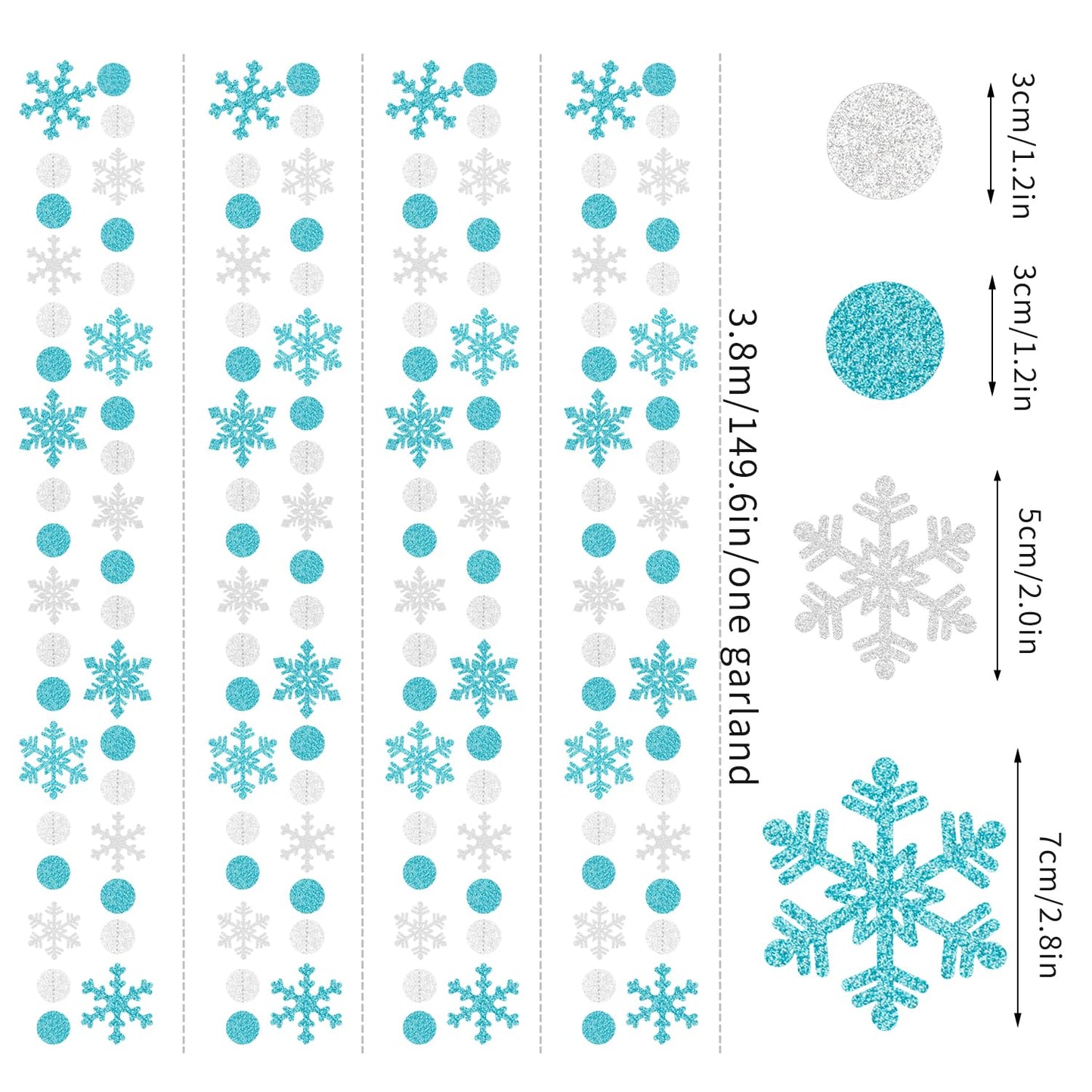 Snowflake-Snow Teal-Silver Christmas Party-Decoration Garland - 52Ft Turquoise White Winter Wonderland Frozen Hanging Paper Streamers,Birthday New Year Baby Shower Classroom Decor Lasting Surprise