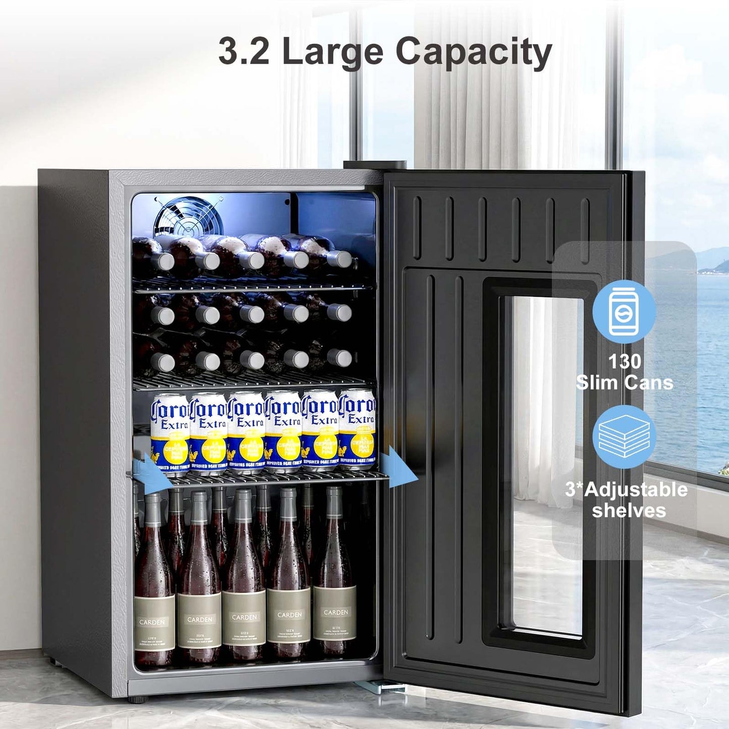 Antarctic Star Mini Fridge Auto Defrost Beverage Refrigerator, 130 Can with Glass Door &Adjustable Shelves, 21-50°F Temp Control,Beverage Cooler for Soda, Beer, Wine, Home Bar, Office, 3.2 Cu.Ft
