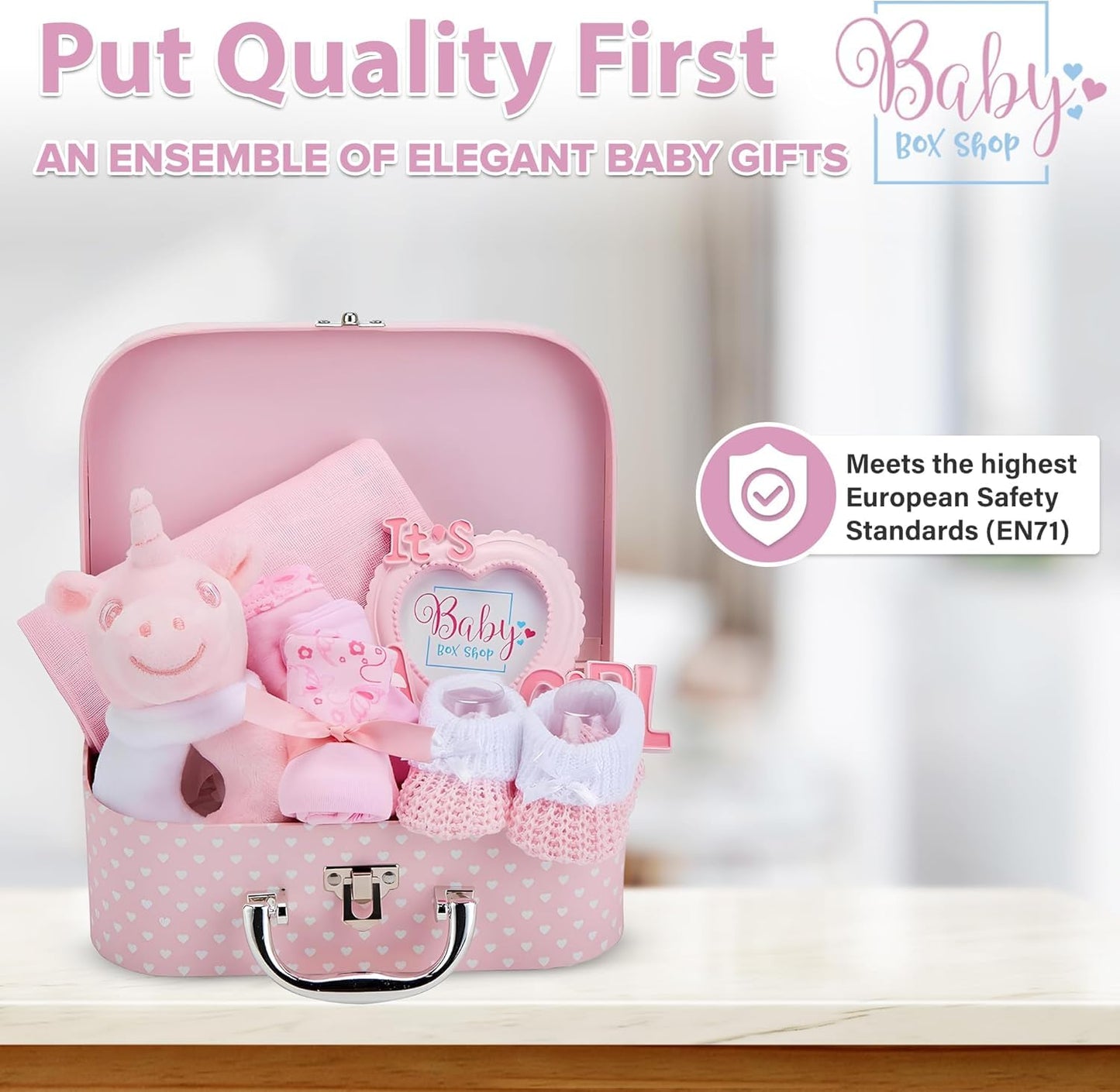Baby Box Shop - Girl Gift Set, Newborn Essentials, Baby Shower Gifts for Girls, Keepsake Box with Pink Unicorn Rattle, Bib, Booties, Mittens, Hat, Photo Frame & Muslin Cloth - Premium Baby Hamper