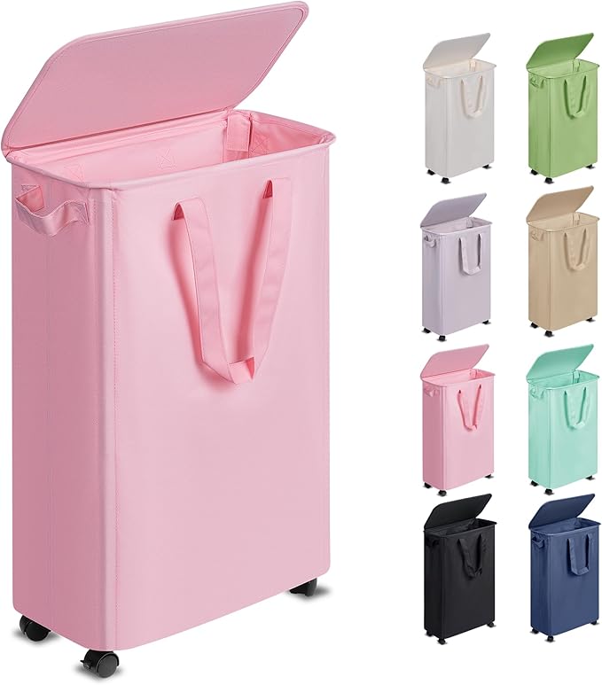 Slim Laundry Hamper with Lid and Wheels, Small Rolling Laundry Basket with