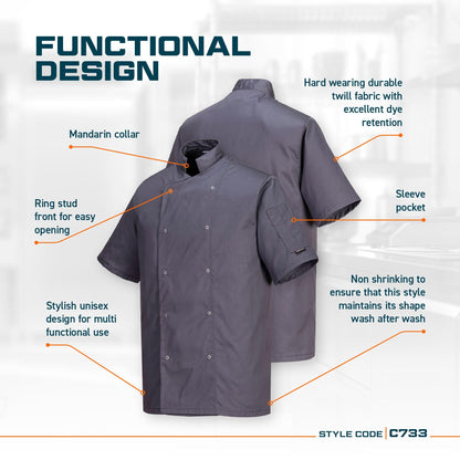 Portwest C733 Men's Cumbria Chef Jacket Lightweight Short Sleeve Durable Workwear Multi Functional Apron with Sleeve Pocket Machine Washable, White, L