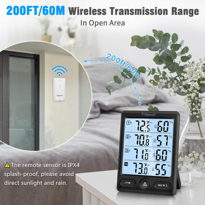 Geevon Indoor Outdoor Thermometer Wireless with 3 Remote Sensors, Digital Hygrometer Thermometer, Wireless Temperature Humidity Monitor Gauge with 200FT/60M Range (Black)
