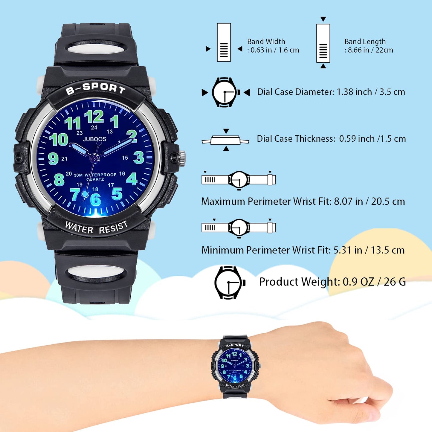 Juboos 7 Color Kids Watches,Children Analogue Quartz Watch for Boys Girls Kids Waterproof Time Teach Watches, Sport Outdoor Wrist Partner 5-16