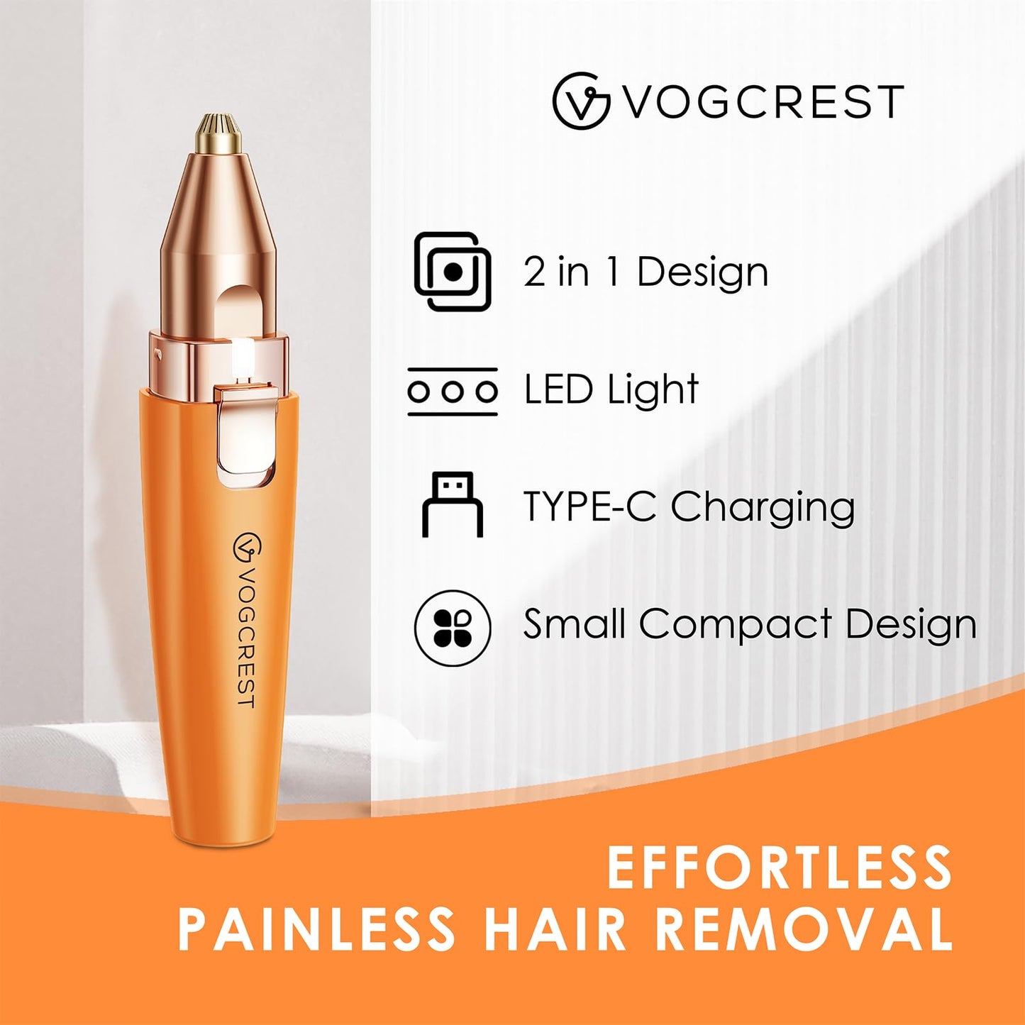 VG VOGCREST Eyebrow & Facial Trimmer: 2 in1 Rechargeable Facial Hair Removal & Eyebrow Shaver - Body Razor with Built-in LED Light (Rose Gold)