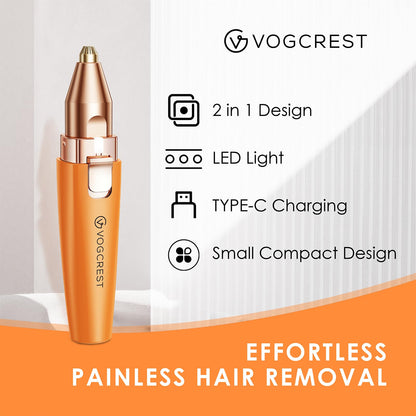 VG VOGCREST Eyebrow & Facial Trimmer: 2 in1 Rechargeable Facial Hair Removal & Eyebrow Shaver - Body Razor with Built-in LED Light (Rose Gold)