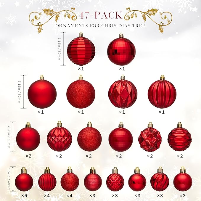 JORNOY Christmas Tree Ornaments Set, 47 Pack Assorted Shatterproof Hanging Balls Decorations, Plastic Bulbs Bulk with Lanyard for Home Holiday Party Decor, 3-Sizes (Red)