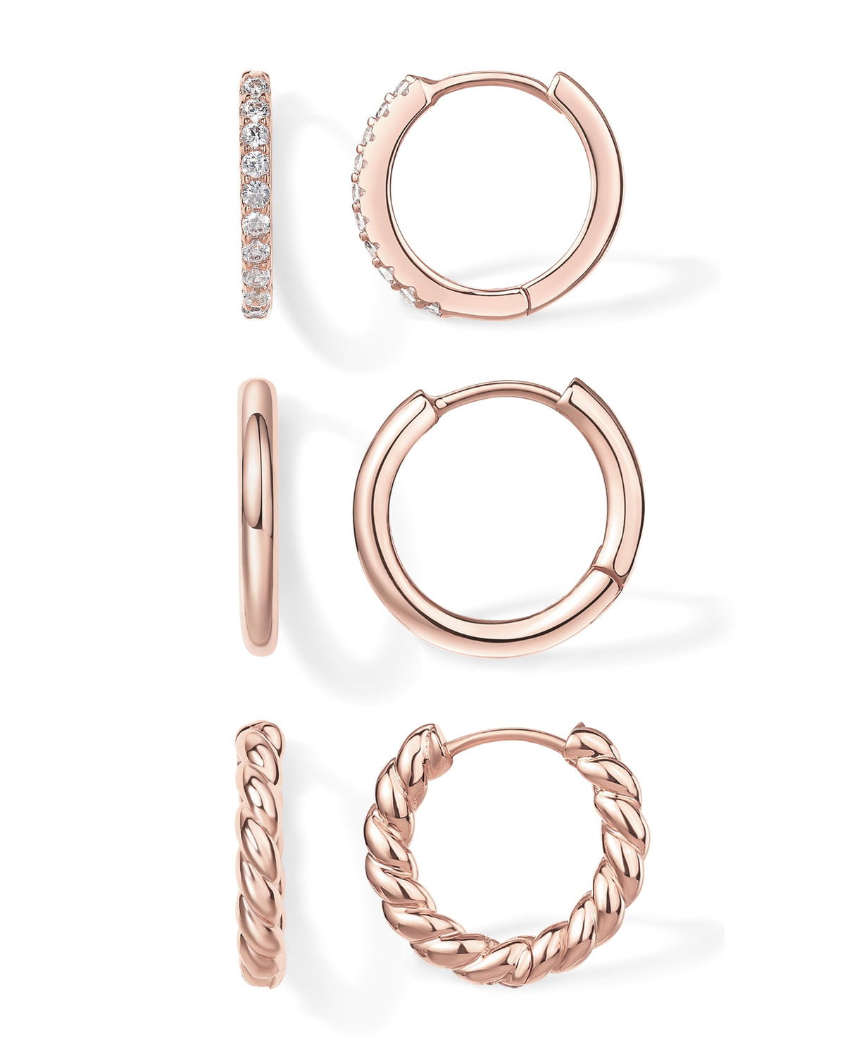 PAVOI 18K Rose Gold Plated 925 Sterling Silver Posts 3 Pairs Small Hoop Earrings for Women - Cubic Zirconia Plain Rope Huggie Pack - Lightweight Set