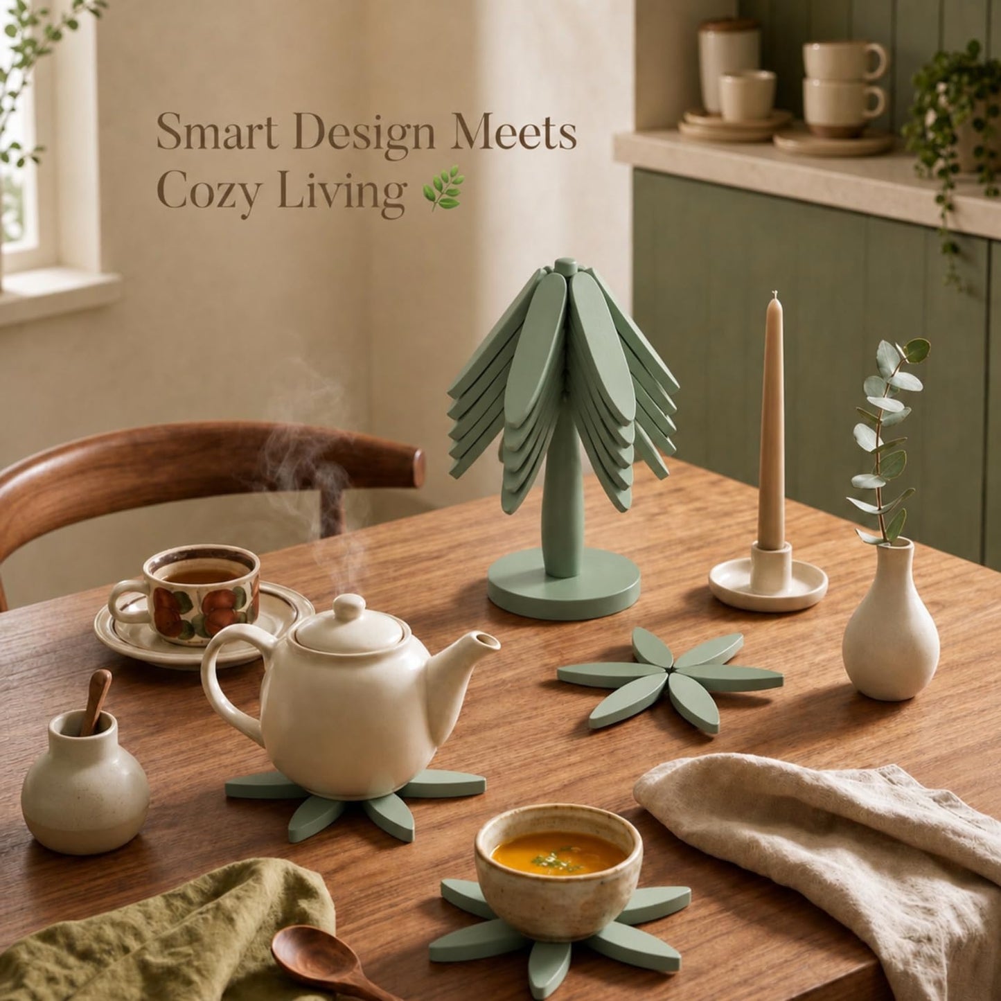 Zhehao Wooden Trivets for Hot Dishes in Sage Green, Trivet Tree Shape Set with 4 Foldable Wood Pot Holders & 1 Stand, Heat Resistant Kitchen Table Mats for Pans Bowls Teapots and Countertops