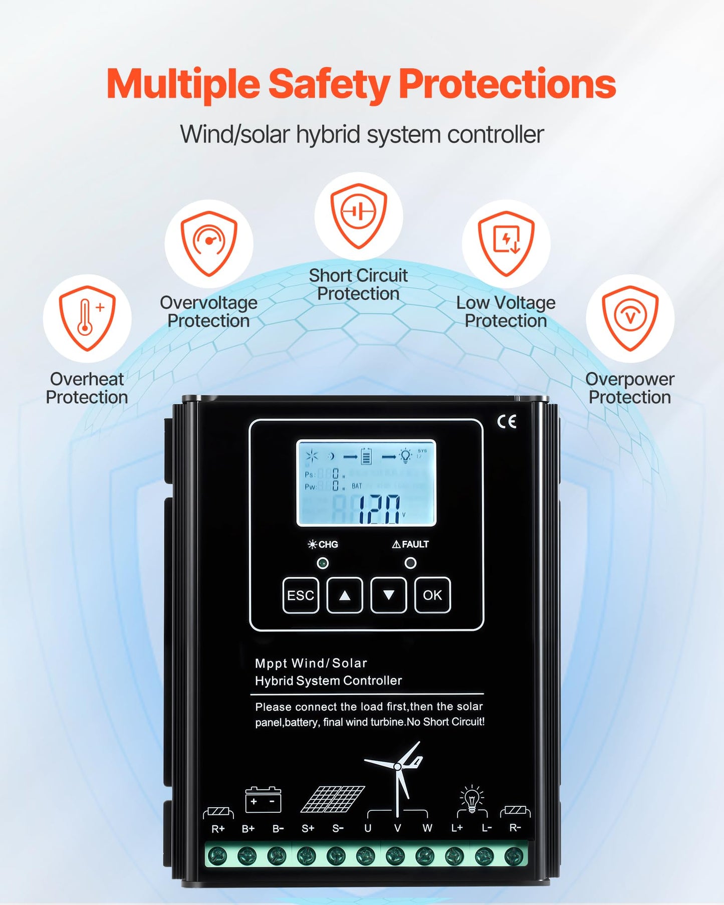 VEVOR 12V 600W Solar Wind Power Kit, 2PCS 100W Solar Panel + 400W Wind Turbine + 12.8V 100Ah LiFePO4 Battery + 1000W Power Inverter + MPPT Hybrid Controller for Home RV Boat Off-Grid Applications