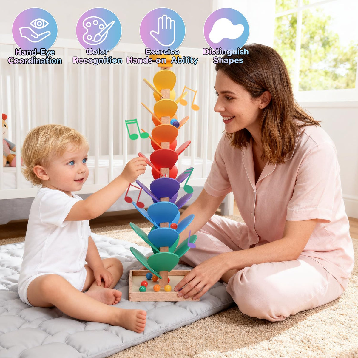 Rainbow Music Tree Toy, Wooden Marble Run Ball Drop Toy for Kids Ages 3+