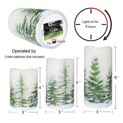 Eldnacele Green Tree Christmas Decor Flameless Flickering Candles with Automatical Daily Timers, Battery Operated LED Candles Real Wax Decals Pack 3 Tiered Pillars 3 x 4 5 6 Inches