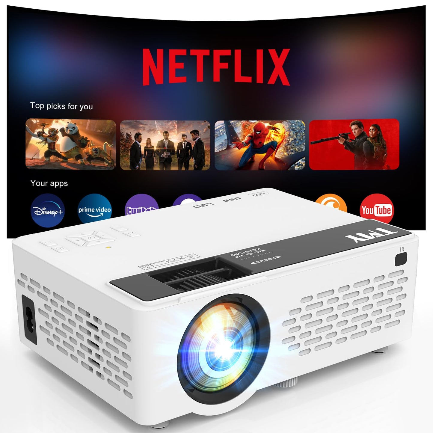 TMY Netflix-Officially-Licensed Mini Movie Projector with WiFi and Bluetooth, Compatible with TV Stick Smartphone/HDMI/USB, Indoor & Outdoor Use