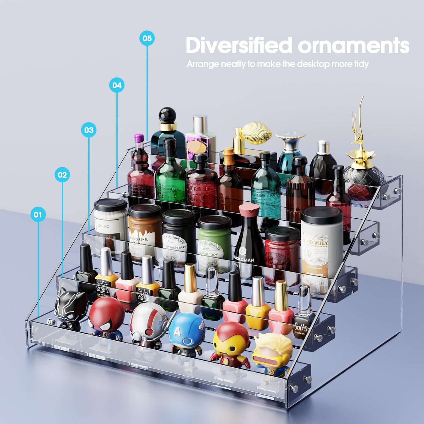 HUITAI Acrylic Display Shelf,Risers Display Stands,Perfume Organizer,Cupcake Stand,Tiered Display Stand,Sticker Display,Card Stands For Display,Card Display Stand,Figure Display，Spice Rack(5 Tier)