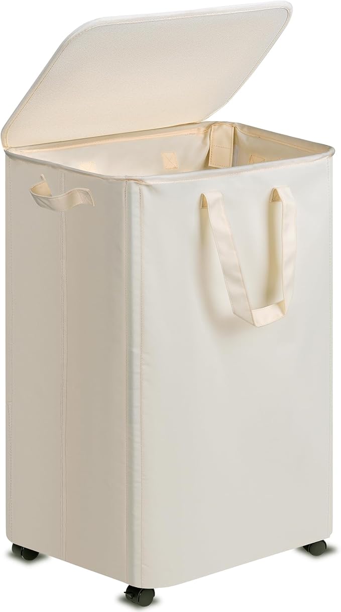 Slim Laundry Hamper with Lid and Wheels, Small Rolling Laundry Basket with