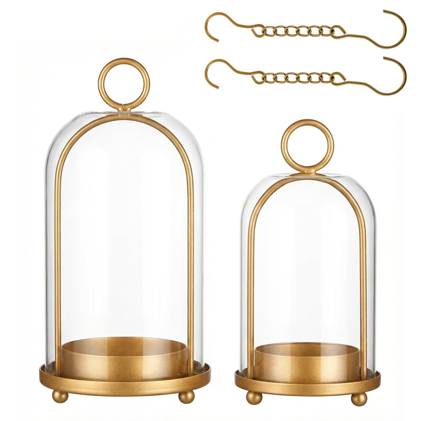 GYKLE Set of 2 Candle Lantern Set - Vintage Brass Candle Holders with Thick Glass Domes (5.25"x10" & 4.5"x7.87"), Perfect for Pillar Candles, Floral Arrangements, and Vintage Home Accents