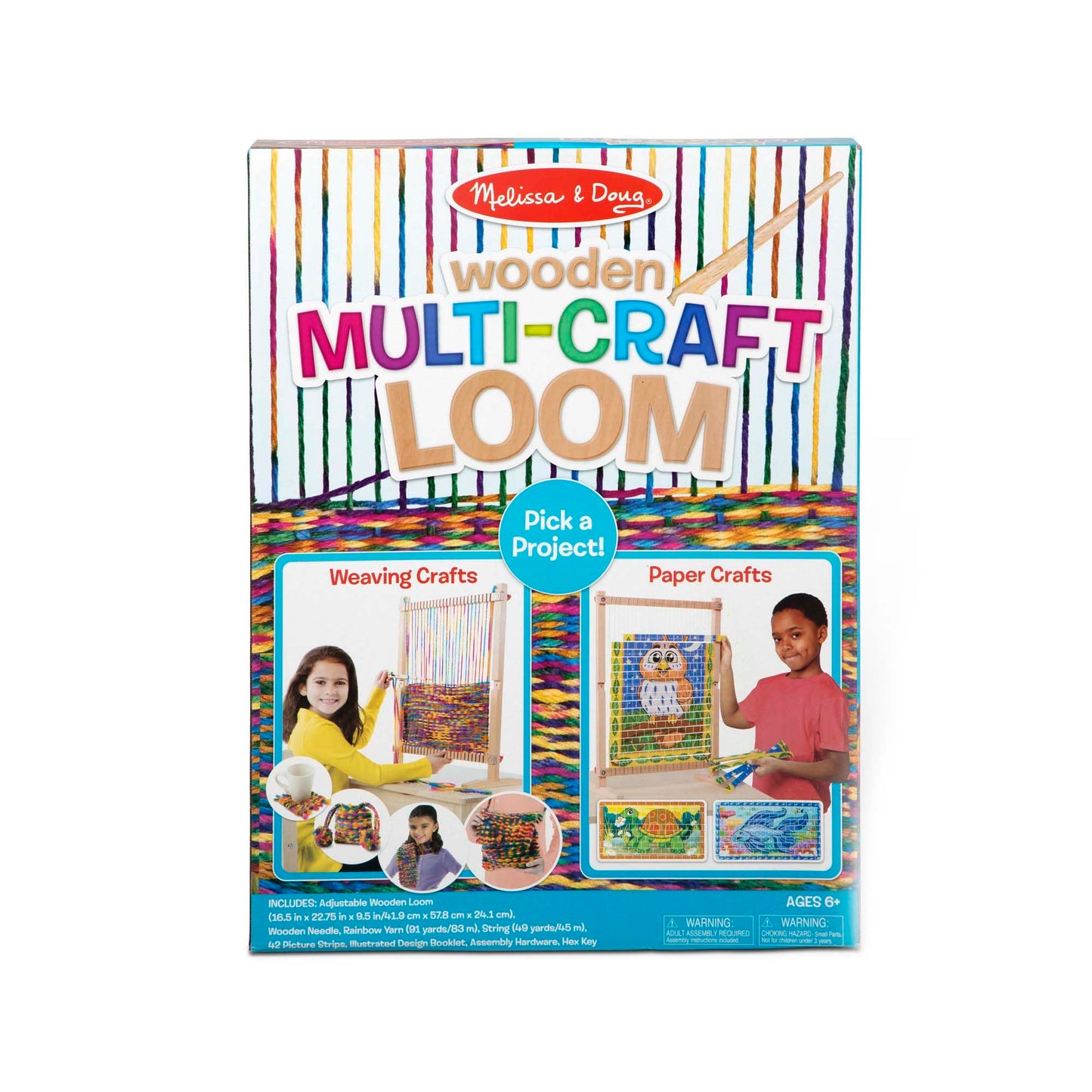 Melissa & Doug Wooden Multi-Craft Weaving Loom – Adjustable Wooden Frame with Oversized Needle & 83m Rainbow Yarn – Creative Arts & Crafts Kit for Kids Age 6 Plus