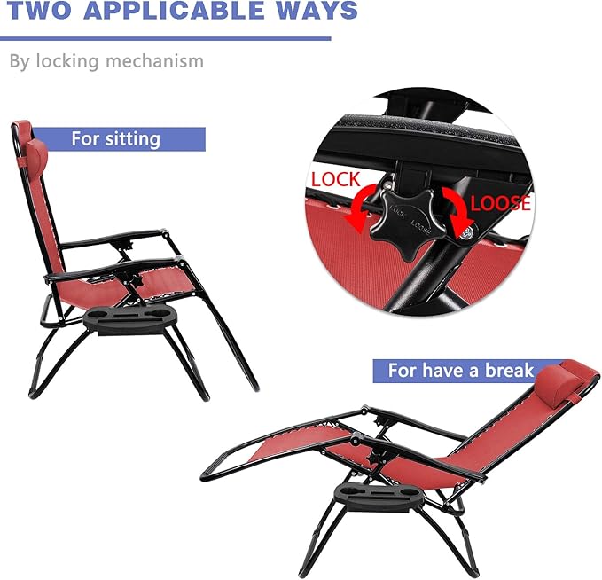 Homall Zero Gravity Patio Folding Lawn Reclining Lounge Chairs Outdoor Gravity Camp Chairs with Cup Holder Pillows for Poolside Backyard and Beach Set of 2 (Red)