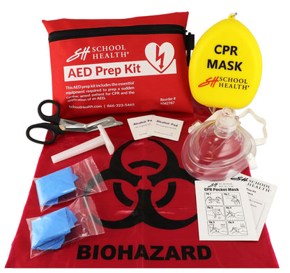 School Health - AED Prep Kit, Compact and Portable Prep Kit for Emergencies and Training, Gloves, Razor, Scissors, Gauze Pads, and Cleansing Wipes