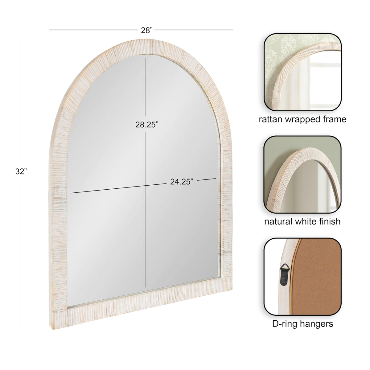Kate and Laurel Rahfy Boho Arch Rattan Wall Mirror, 28 x 32, White, Decorative Wooden Mirror with Authentic Rattan Frame for Bathroom Vanity Mirror
