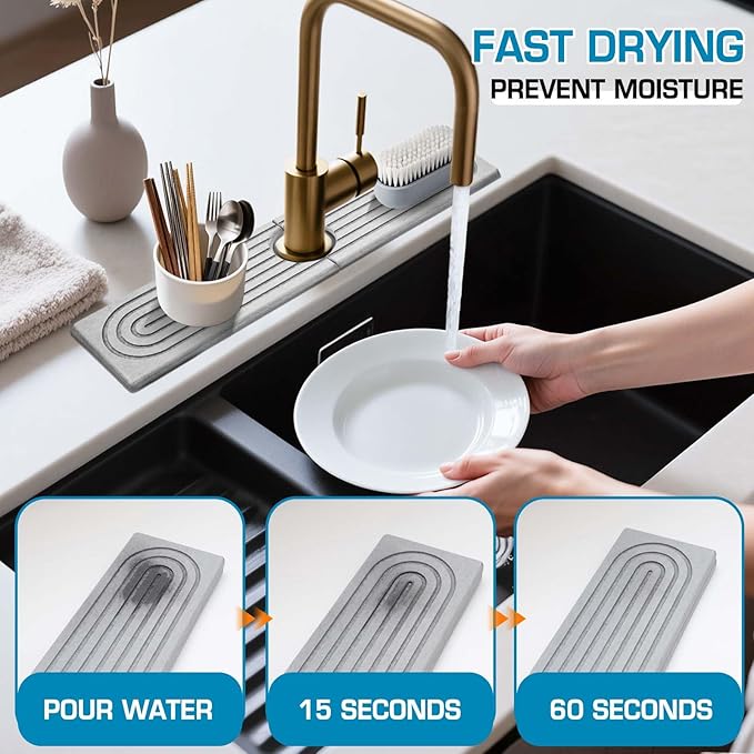 Faucet Mat for Kitchen Sink, Diatomite Quick Drying Tray, Long 23.6'' Kitchen