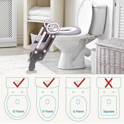 Straame Toddler Toilet Ladder Seat - Adjustable Potty-Training Seat, Soft Cushion Seat and Anti-Slip Steps Design - Easy to Install Portable Children Potty Training Chair (Grey-White)