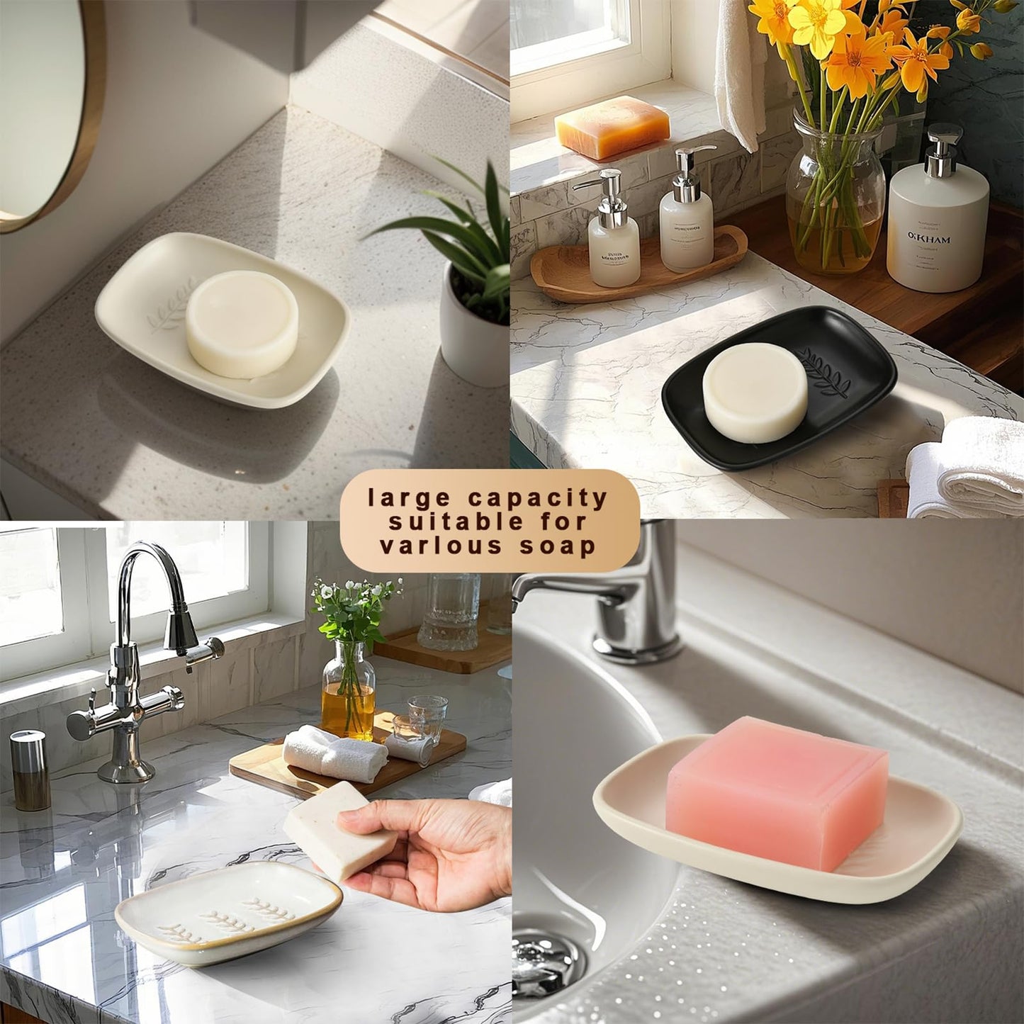 ZIVONA Ceramic Soap Dish for Bathroom, Bar Soap Holder with Elevated Ridges - Keeps Soap Dry, Premium Porcelain Dish, Elegant Modern Decor for Vanity Sink, Shower (Beige)