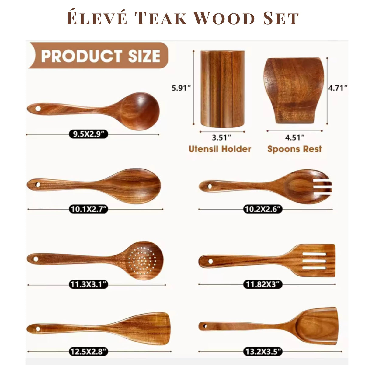 Élevé Natural Teak Wood Cooking & Serving Spoons Set (9-Piece) | Wooden Kitchen Utensils with Holder & Spoon Rest | Non-Stick Safe, Food-Grade, Durable & Elegant Cookware Tools