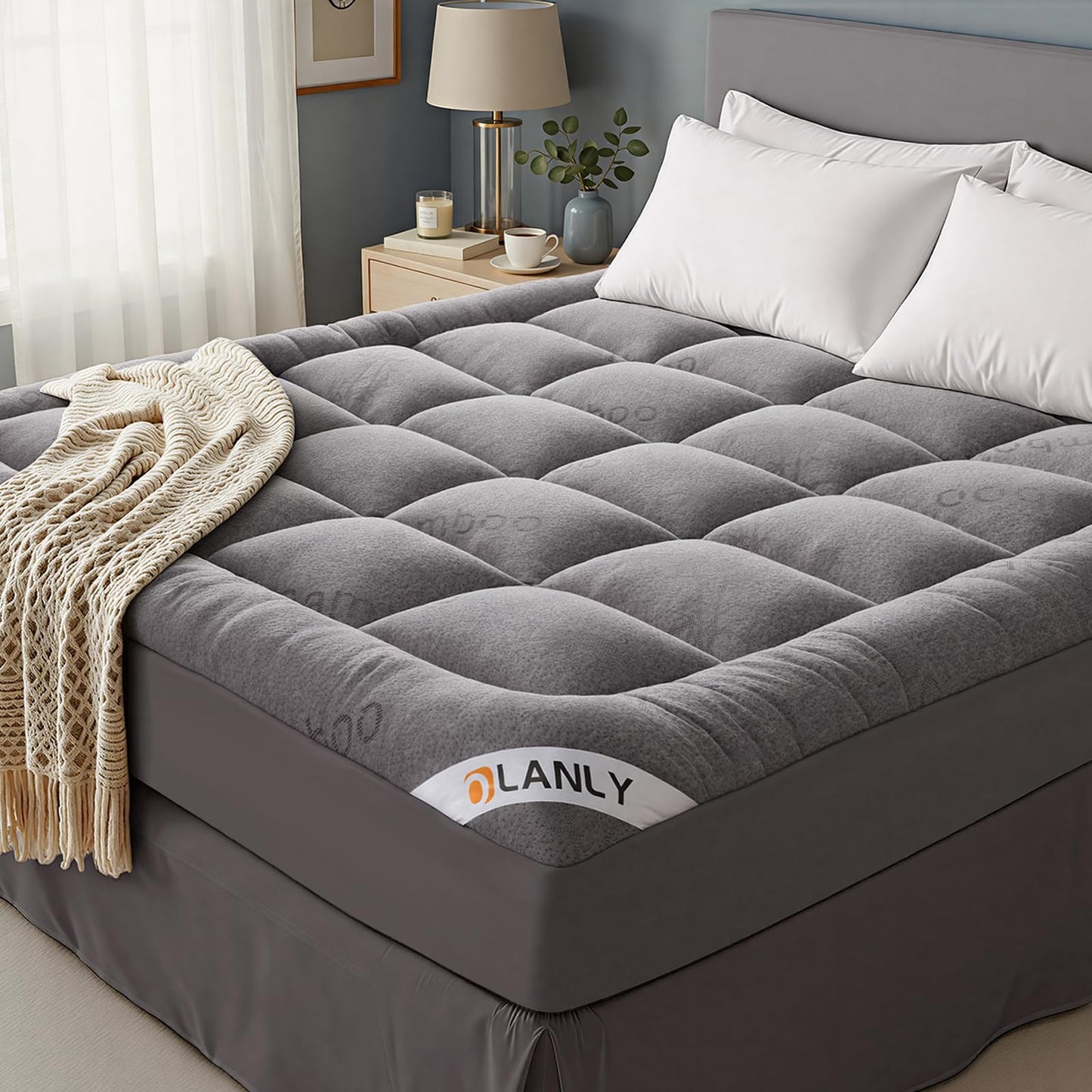 OLANLY Queen Mattress Topper, Bamboo Viscose Cooling Pillow Top Mattress Pad, Soft Plush Down Alternative for Firm Mattress, Back & Hip Pressure Relief, Machine Washable, Deep Pocket, Light Gray