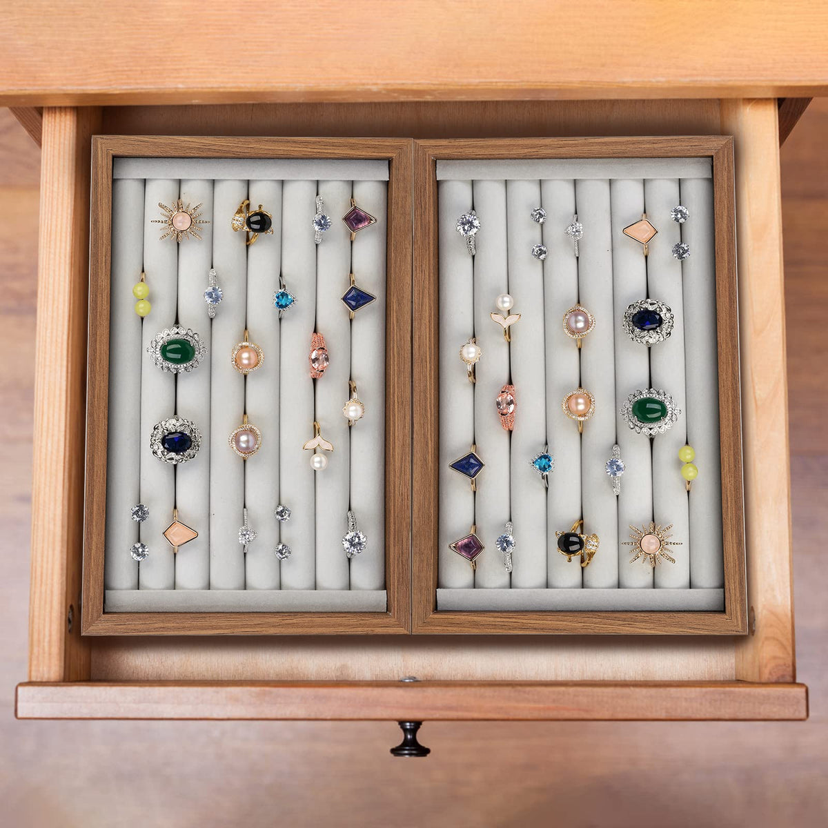 Elsjoy 2 Pack Ring Organizer Tray, Wooden Ring Holder Display Case, Velvet Jewelry Tray for Rings & Earrings