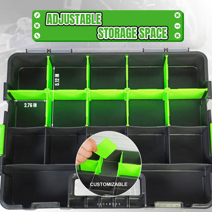 Jack Boss Tool Box with Transparent Lid, Single Side 17-Compartments Organizer Box with Removable Dividers for Hardware, Screws, Bolts, Nails, Beads, Jewelry and Fishing Accessories, Green, 2 Pack