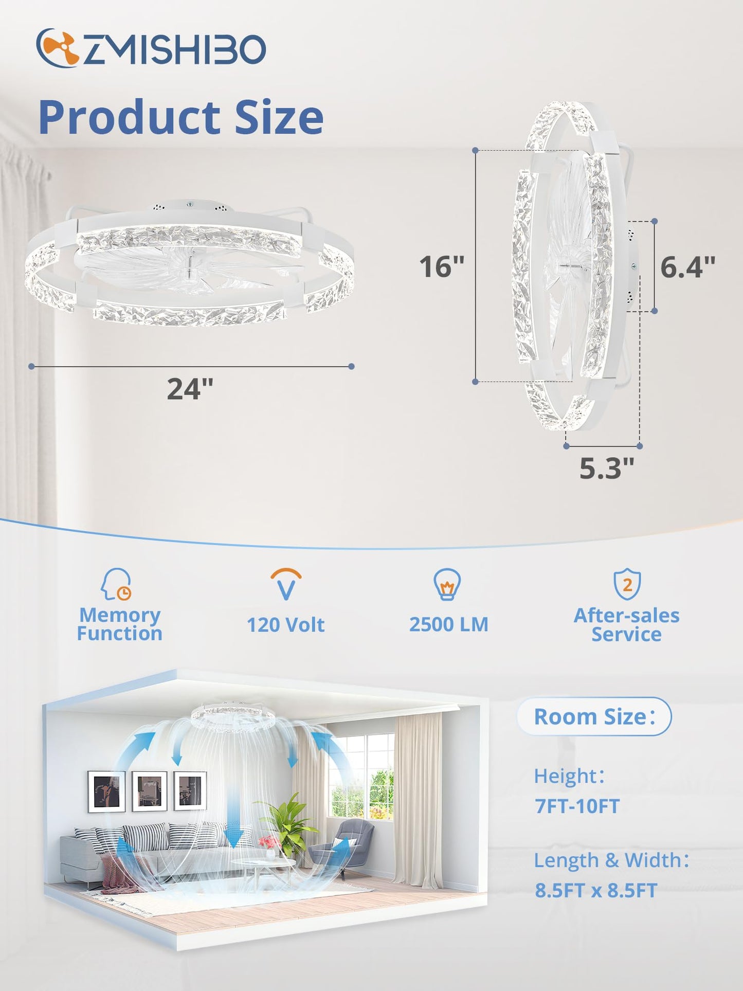 ZMISHIBO 24 Inch Flush Mount Ceiling Fan with Light, Bladeless Low Profile Enclosed Fan for Bedroom Kids Room, 6 Speeds Reversible DC Motor, 3CCT Dimmable Smart App Control
