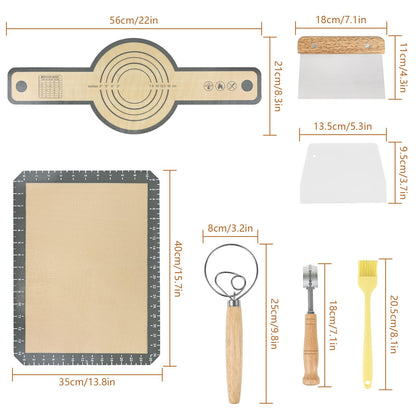 Bread Making Tools Set of 7, Including Silicone Pastry Mat, Round Baking Mat, Sourdough Danish Dough Whisk, Bread Lame Dough Scoring, Bread Scraper Dough Cutter, Perfect Gifts for Baker