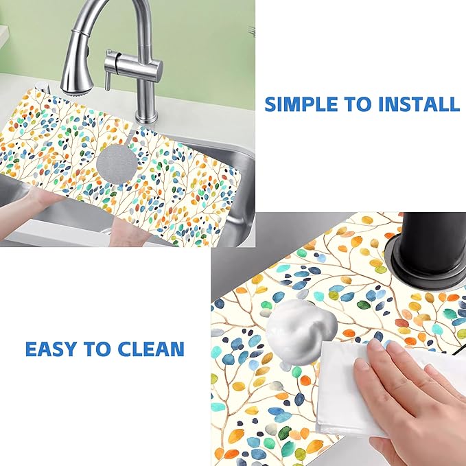 Abstract Watercolor Leaves Sink Faucet Absorbing Mat Sink Splash Guard Faucet