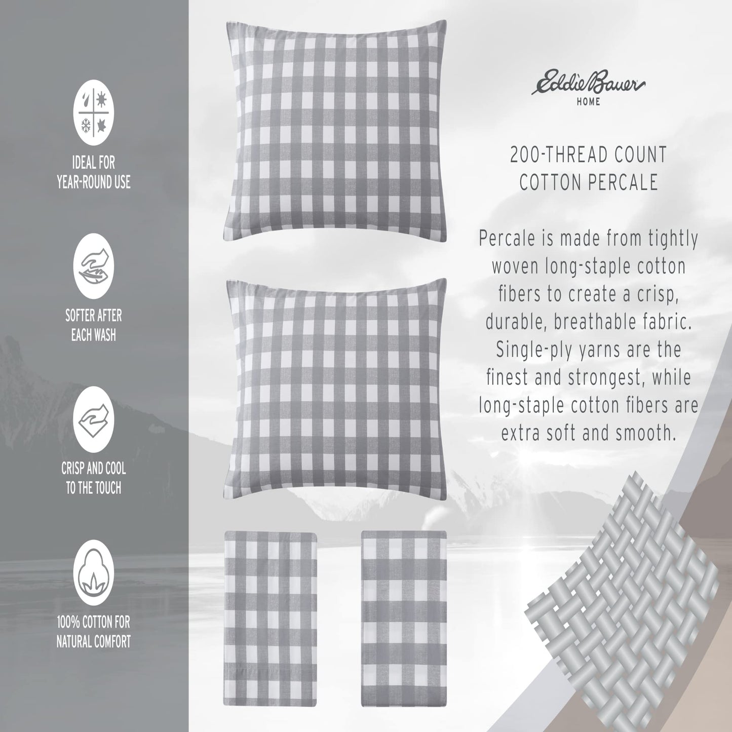 Eddie Bauer- Twin Sheet Set, Cotton Percale Bed Sheets, Crisp & Cool, Dorm Room Essentials (Explore Lantern White, Twin)