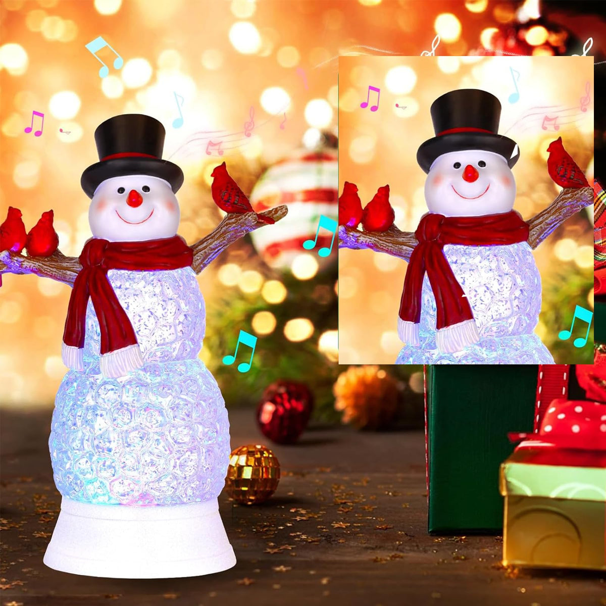 LEYUPEAK Christmas Snowman Snow Globe, Lighted Musical Cardinal Lantern with Glitter, Acrylic Snowman Figurines Holiday Tabletop Decorations Cardinal Gift, USB & Battery Operated, 6h Timer