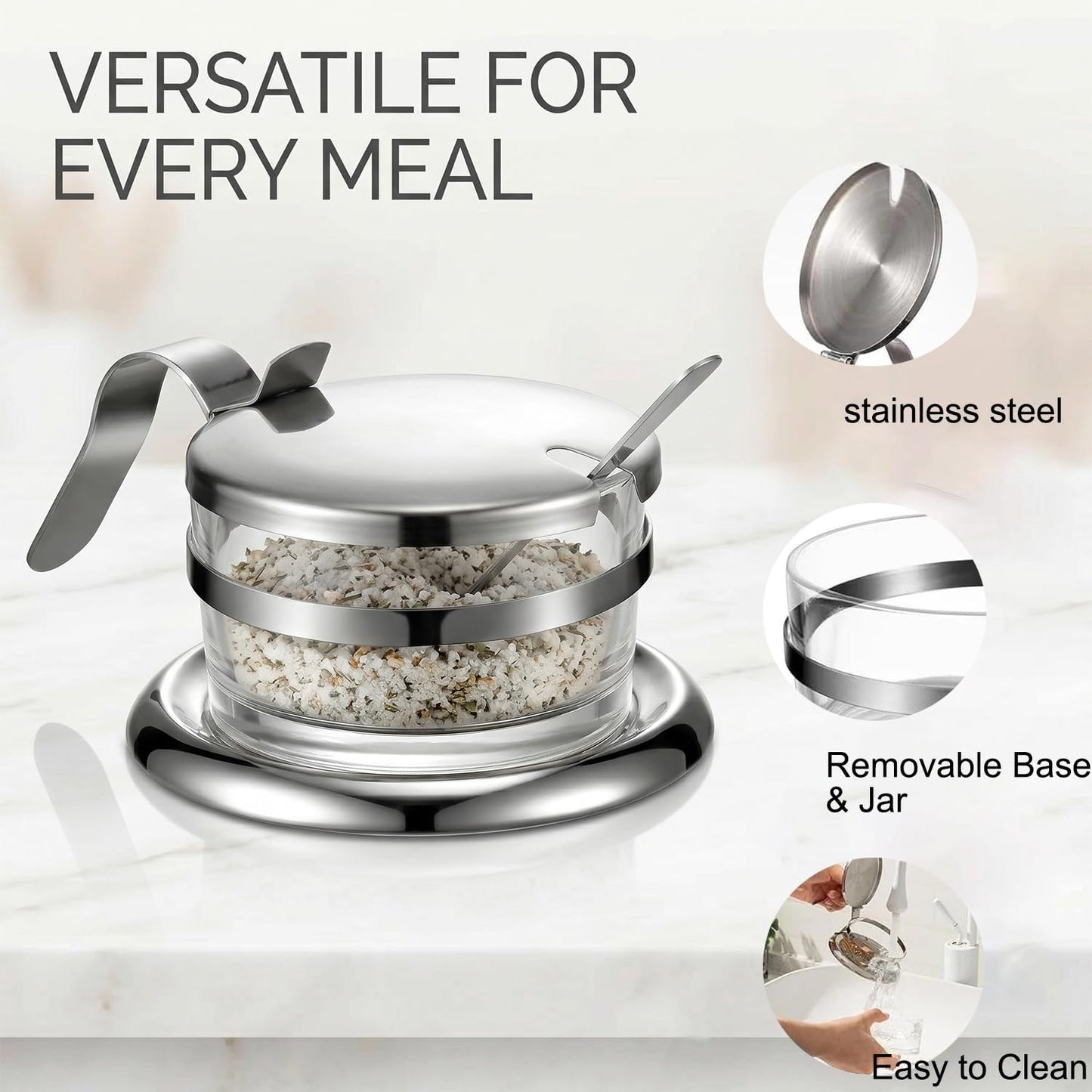 Stainless Steel Salt Cellar with Spoon & Lid, Heavy Duty Salt Container for Countertop, Seasoning Storage Jar for Sea, Kosher, Pepper, Candy