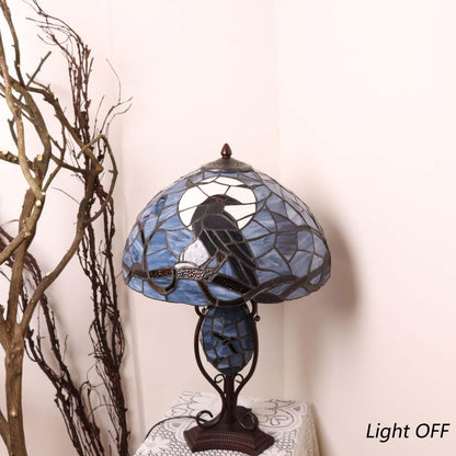Bieye L10954 Raven Sitting on Bare Tree Branch in Full Moon Night Tiffany Style Stained Glass Table Lamp for Home Decor (Dark Blue, 16Wx24H)
