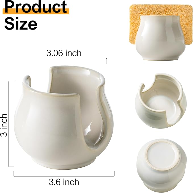 Sponge Holder for Kitchen Sink Counter, Ceramic Dish Sponge Caddy White Sink