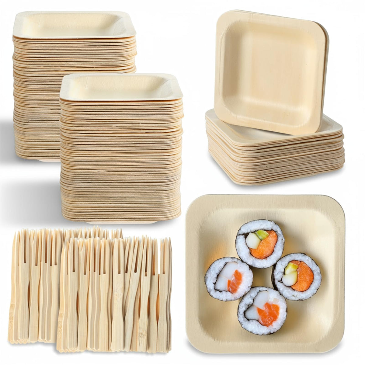 Hpmjz 300Pcs Disposable Square Bowls & Forks Set 4.5 × 4.5 Inch 100Pcs Bamboo Disposable Plates & 200pcs Forks Square Wood Plates for Birthday Party Wedding Events Appetizer Dessert Catering Home Use
