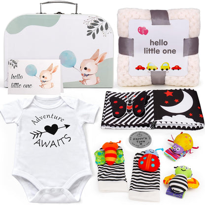 Baby Shower Gifts Basket for Newborn Baby Boy Girl Gender Reveal with Newborn Essentials Baby Rattles Blanket Onesie Black and White High Contrast Baby Book Toys 0-6 Months Baby Girls Boys Shower Gift