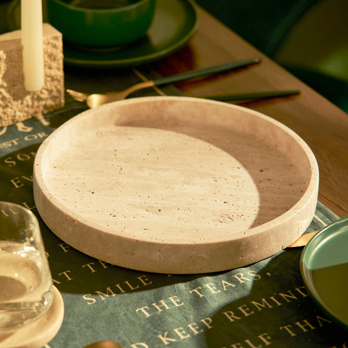 PHINILUX Travertine Marble Vanity Tray, Round Ottoman Tray Minimalist Modern Decorative & Fruit Serving Plate for Bathroom, Kitchen, Nightstand, Coffee Table Decor, Jewelry Ring Dish Holder, Beige
