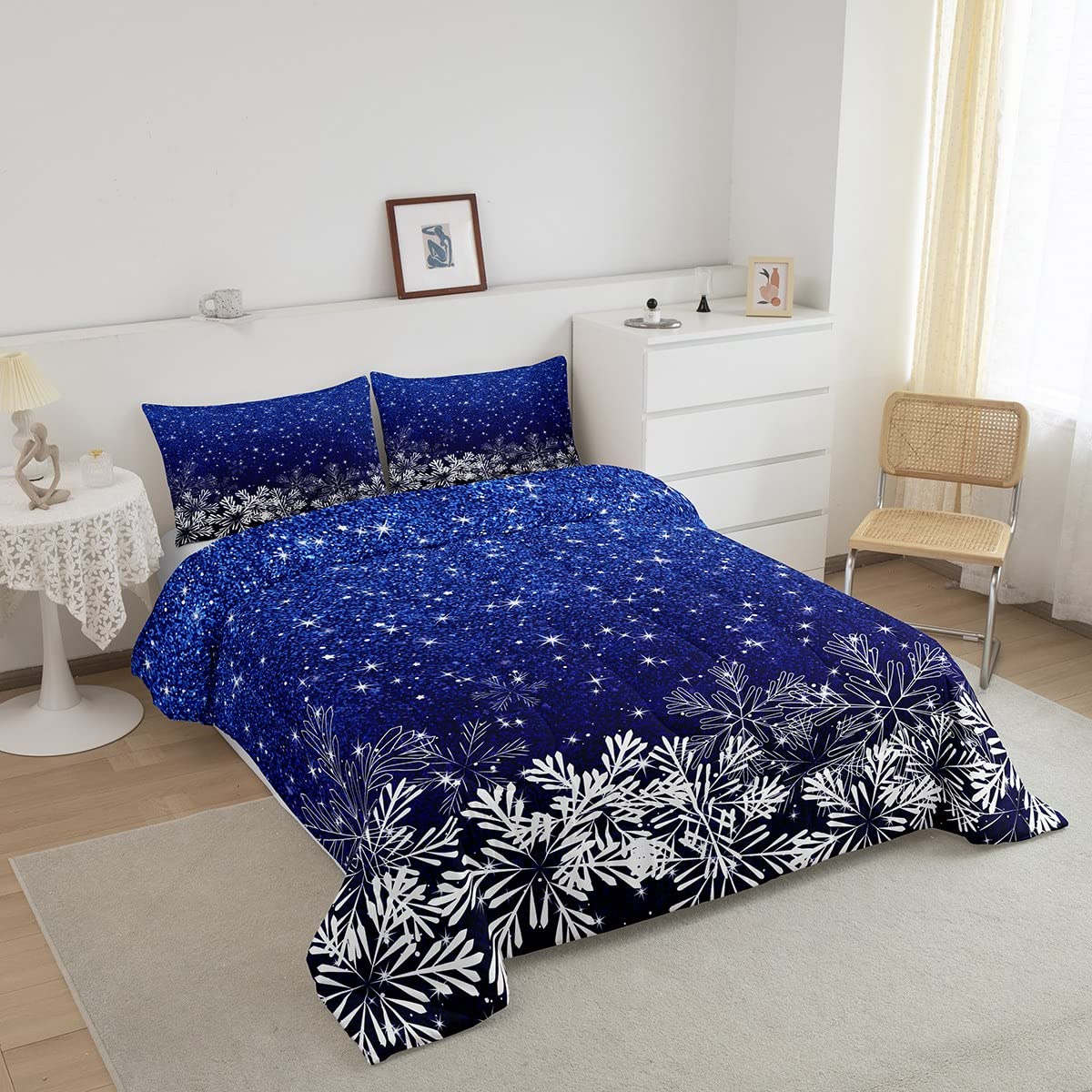 Castle Fairy Blue Glitter Comforter Set Queen Size,Sparkling Star Galaxy Quilt Set Winter Snowflake Bedding Set 3pcs for Girls Kids Women Bedroom Decor,Gradient Ultra Soft Duvet Insert,2 Pillowcases